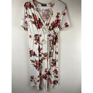 Due Time Maternity Floral Wrap Dress White Pink Rose High Low V-Neck Short Sleev